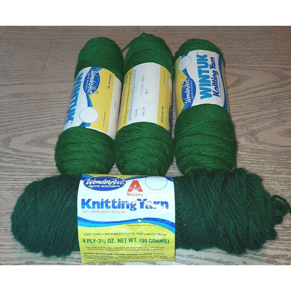 Lot Of 4- Wonder Art Wintuk Knitting Yarn (3) Hunter Green & (1) Dark Green